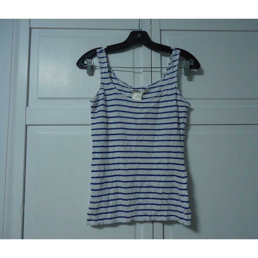 Max Studio 100% Linen Striped Tank Top - Blue & White Nautical - Size S